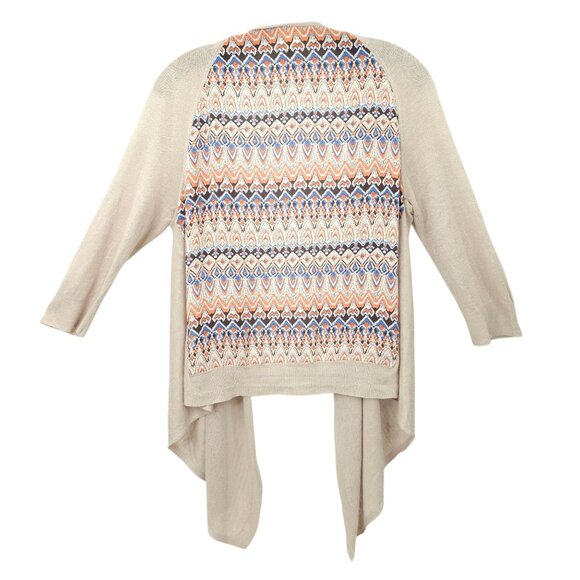 Chicos Open Front Cardigan Womens Size 1 US M/8 Sweater Tan Geometric Back - Picture 2 of 16